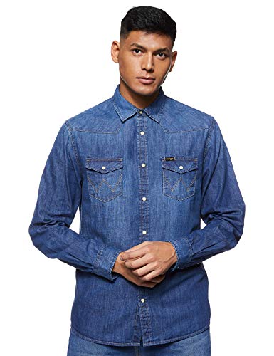 Wrangler Western Shirt' Camicia di Jeans, Blu (Mid Indigo 8e), S Uomo
