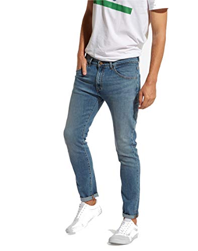Jeans Skinny Wrangler alla Moda, in Denim Blu Lavato con Cuciture Marroni. Tg 31/32